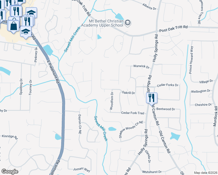 map of restaurants, bars, coffee shops, grocery stores, and more near 2517 Oakrill Road in Marietta