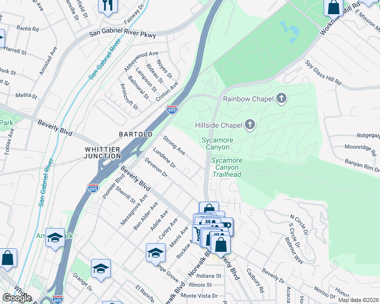 map of restaurants, bars, coffee shops, grocery stores, and more near 10343 Strong Avenue in Whittier