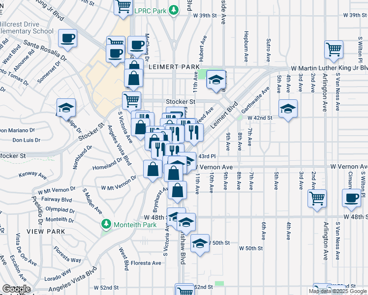 map of restaurants, bars, coffee shops, grocery stores, and more near 4323 Leimert Boulevard in Los Angeles