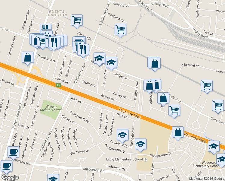 map of restaurants, bars, coffee shops, grocery stores, and more near 16235 Denley Street in La Puente