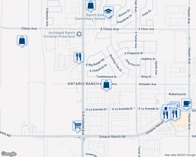 map of restaurants, bars, coffee shops, grocery stores, and more near 2772 Tumbleweed Street in Ontario