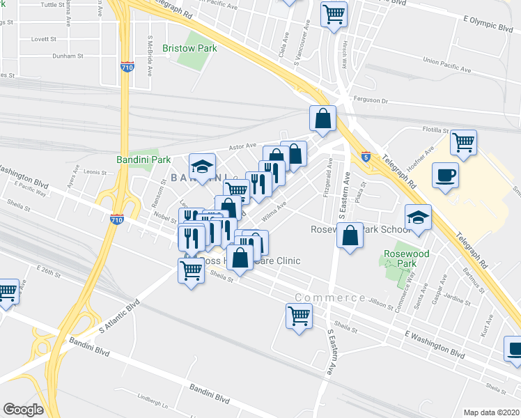 map of restaurants, bars, coffee shops, grocery stores, and more near 2250 South Atlantic Boulevard in Commerce