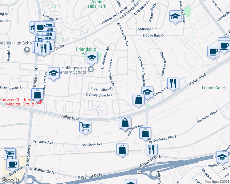 map of restaurants, bars, coffee shops, grocery stores, and more near 3143 East Valley View Avenue in West Covina