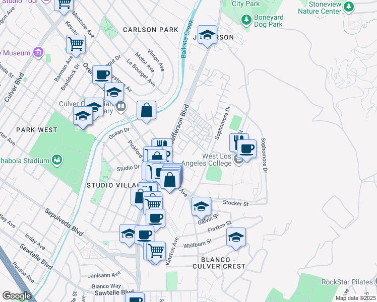map of restaurants, bars, coffee shops, grocery stores, and more near 6311 Summertime Lane in Culver City