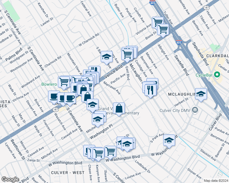 map of restaurants, bars, coffee shops, grocery stores, and more near 3875 Marcasel Avenue in Los Angeles