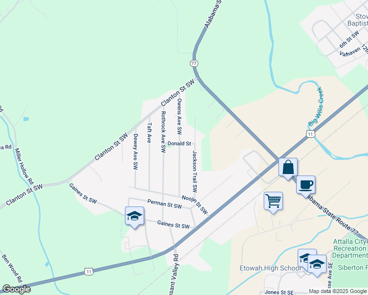 map of restaurants, bars, coffee shops, grocery stores, and more near 655 Owens Avenue Southwest in Attalla