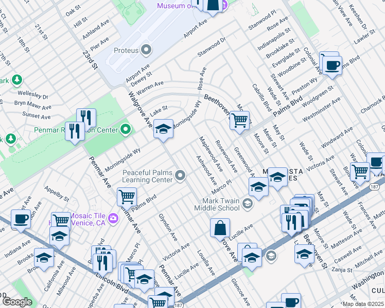 map of restaurants, bars, coffee shops, grocery stores, and more near 3465 Ashwood Avenue in Los Angeles