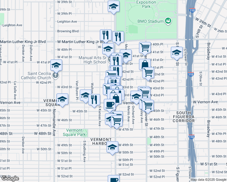 map of restaurants, bars, coffee shops, grocery stores, and more near 4320 Vermont Avenue in Los Angeles