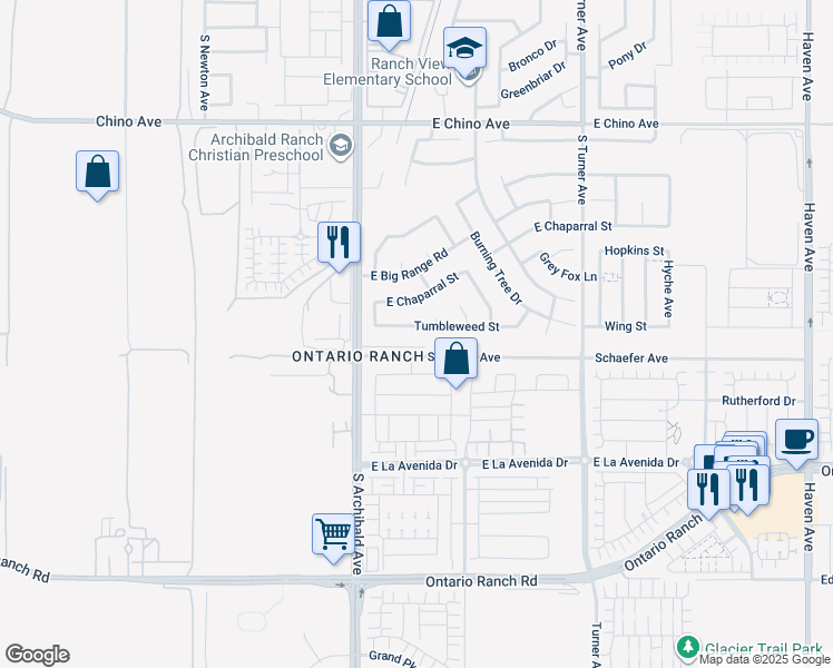 map of restaurants, bars, coffee shops, grocery stores, and more near 2772 Tumbleweed Street in Ontario