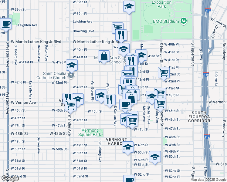 map of restaurants, bars, coffee shops, grocery stores, and more near 4312 Walton Avenue in Los Angeles