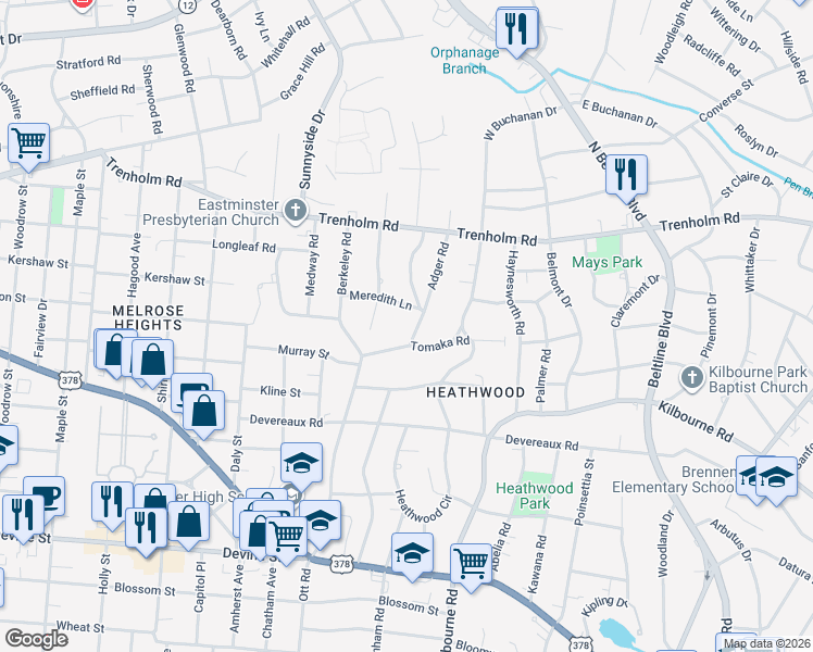 map of restaurants, bars, coffee shops, grocery stores, and more near 1405 Adger Road in Columbia
