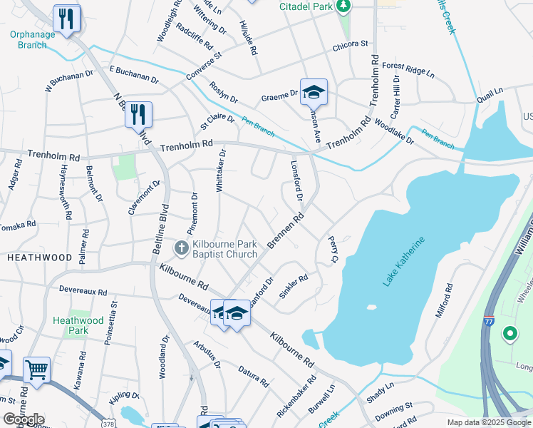 map of restaurants, bars, coffee shops, grocery stores, and more near 4425 Woodside Haven Drive in Columbia