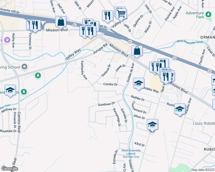 map of restaurants, bars, coffee shops, grocery stores, and more near 6770 Condor Drive in Riverside