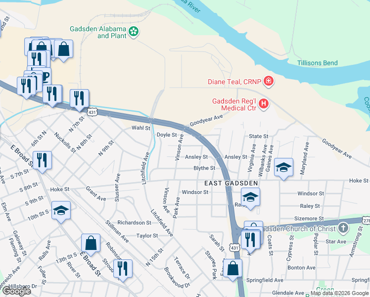 map of restaurants, bars, coffee shops, grocery stores, and more near 605 Polk Street in Gadsden