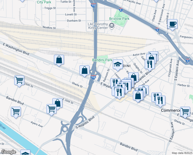map of restaurants, bars, coffee shops, grocery stores, and more near 4804 Nobel Street in Commerce