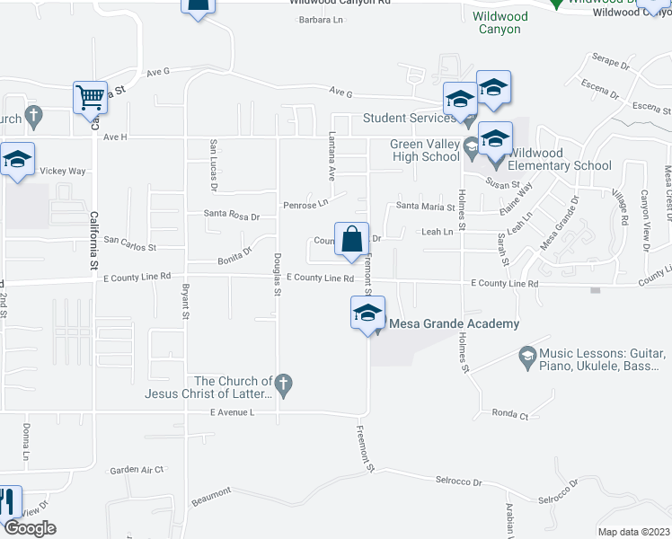 map of restaurants, bars, coffee shops, grocery stores, and more near 35629 Oak Creek Drive in Yucaipa