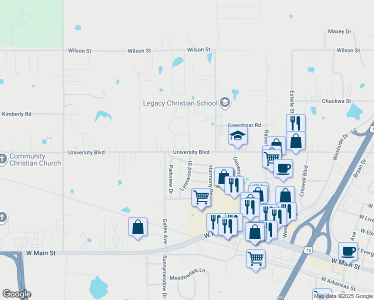 map of restaurants, bars, coffee shops, grocery stores, and more near 3802 West University Boulevard in Durant