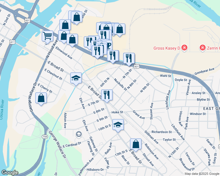 map of restaurants, bars, coffee shops, grocery stores, and more near 200 North 7th Street in Gadsden