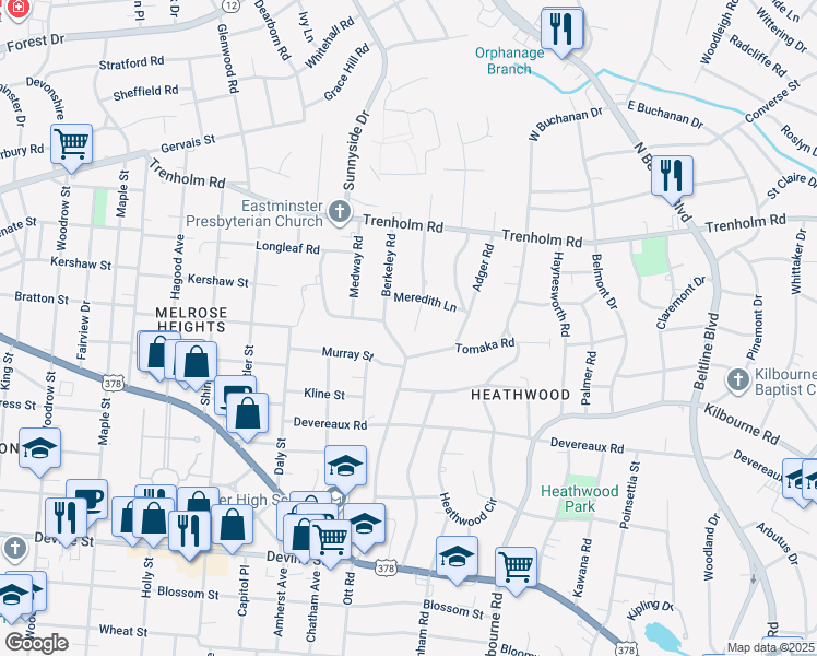 map of restaurants, bars, coffee shops, grocery stores, and more near 1401 Wyndham Rd in Columbia