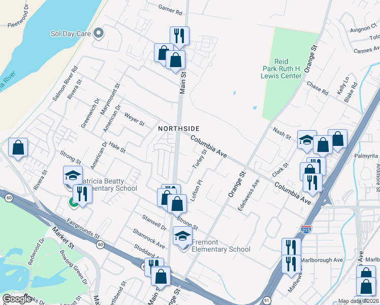 map of restaurants, bars, coffee shops, grocery stores, and more near 3760 Nut Tree Lane in Riverside