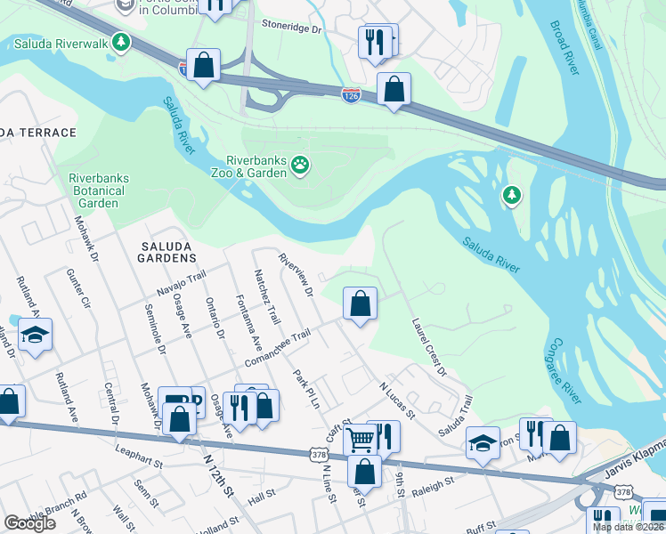 map of restaurants, bars, coffee shops, grocery stores, and more near 422 Edgewater Lane in West Columbia