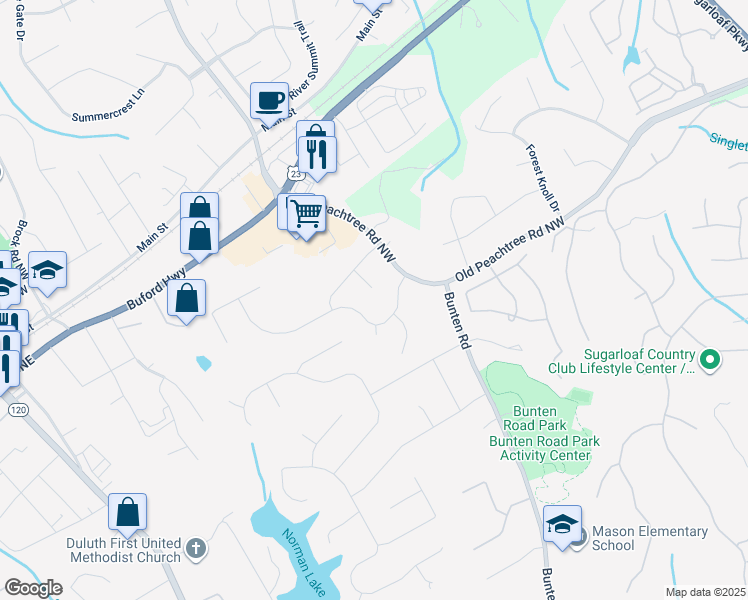 map of restaurants, bars, coffee shops, grocery stores, and more near 3378 Peachtree Chase in Duluth