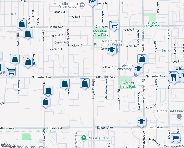 map of restaurants, bars, coffee shops, grocery stores, and more near 6277 Ashley Court in Chino