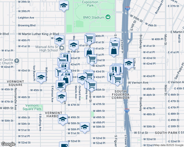 map of restaurants, bars, coffee shops, grocery stores, and more near 4306 South Hoover Street in Los Angeles