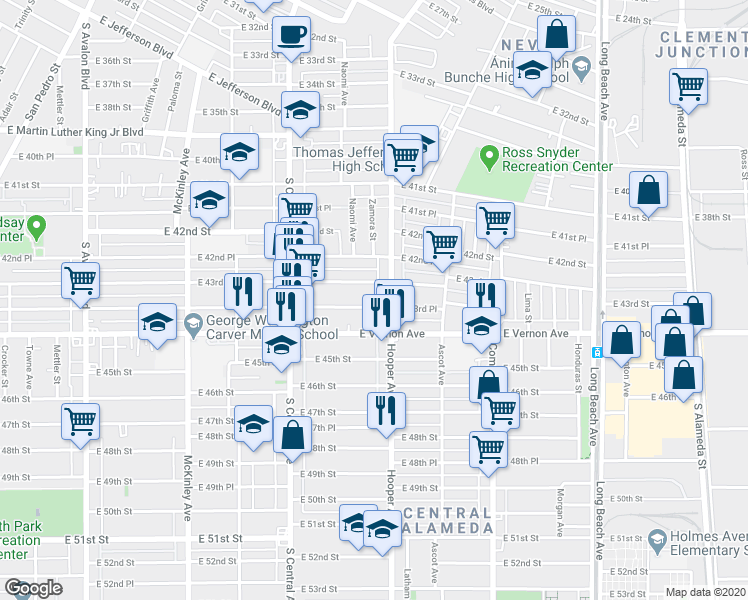 map of restaurants, bars, coffee shops, grocery stores, and more near 1241 East 43rd Street in Los Angeles