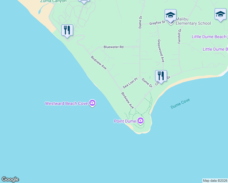 map of restaurants, bars, coffee shops, grocery stores, and more near 7263 Birdview Avenue in Malibu