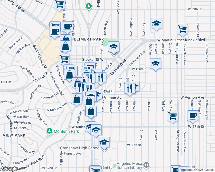 map of restaurants, bars, coffee shops, grocery stores, and more near 4350 11th Avenue in Los Angeles