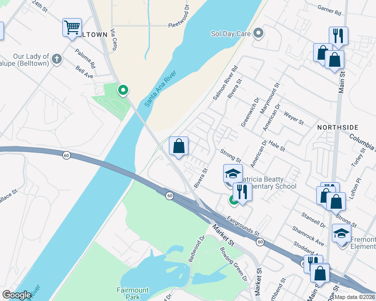 map of restaurants, bars, coffee shops, grocery stores, and more near 1796 Carrie Way in Riverside