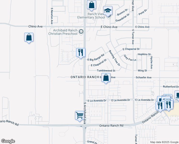 map of restaurants, bars, coffee shops, grocery stores, and more near 2716 Tumbleweed Street in Ontario