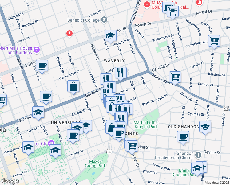 map of restaurants, bars, coffee shops, grocery stores, and more near 2107 Senate Street in Columbia