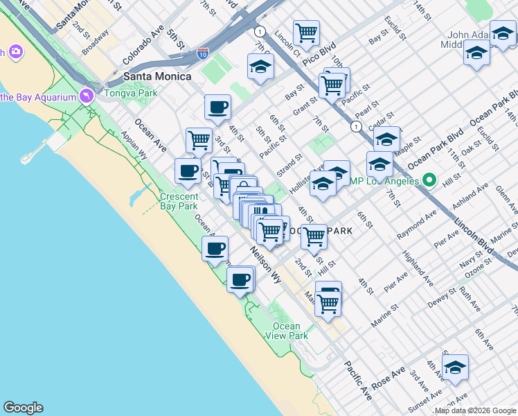 map of restaurants, bars, coffee shops, grocery stores, and more near 2315 2nd Street in Santa Monica
