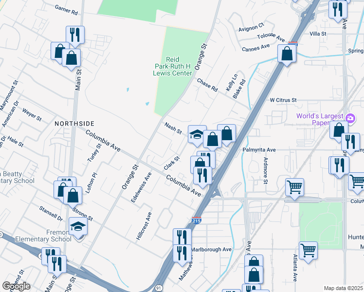 map of restaurants, bars, coffee shops, grocery stores, and more near 1021 Clark Street in Riverside