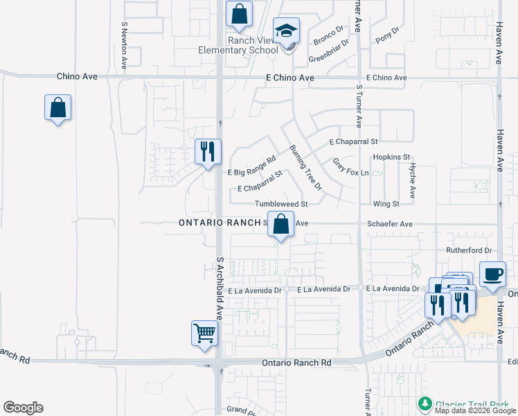 map of restaurants, bars, coffee shops, grocery stores, and more near 2772 Tumbleweed Street in Ontario