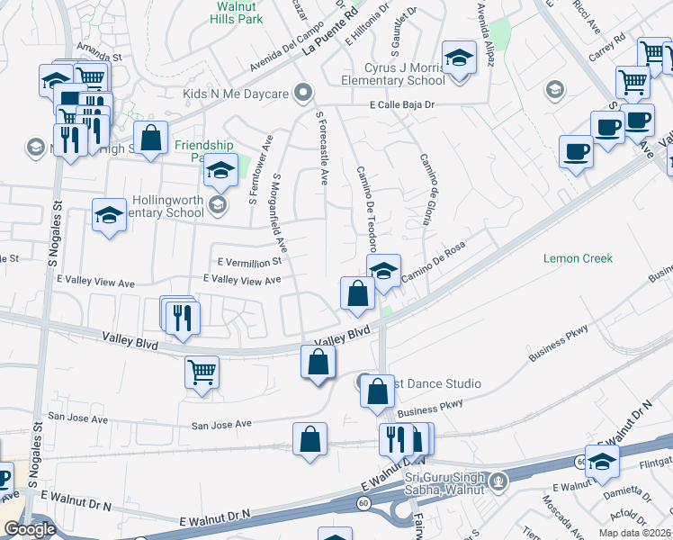 map of restaurants, bars, coffee shops, grocery stores, and more near 4029 South Forecastle Avenue in West Covina