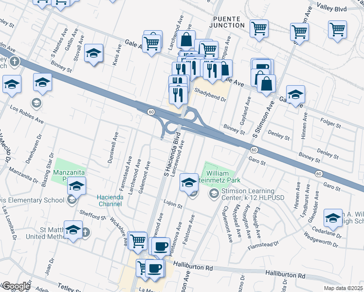 map of restaurants, bars, coffee shops, grocery stores, and more near 1344 Lancewood Avenue in La Puente