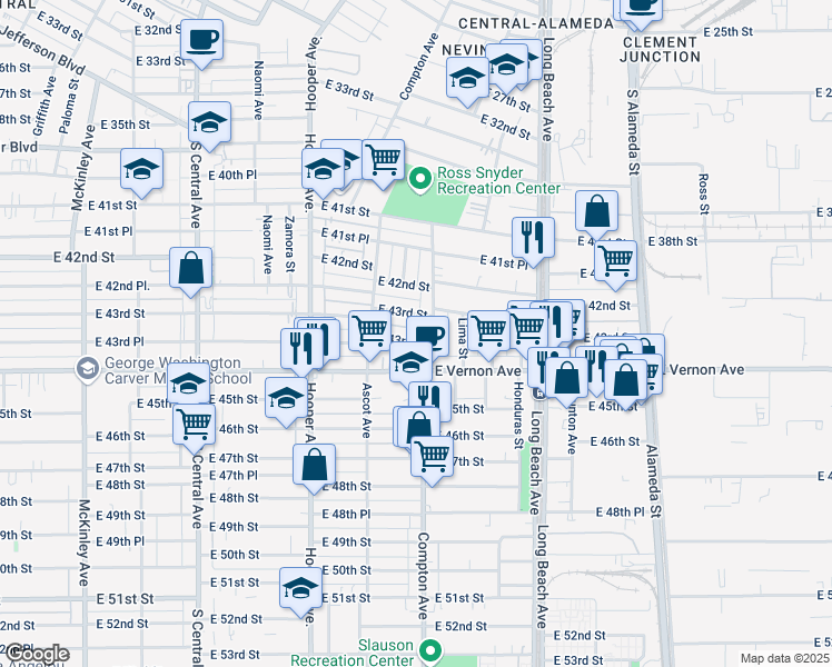 map of restaurants, bars, coffee shops, grocery stores, and more near 1485 East 43rd Place in Los Angeles