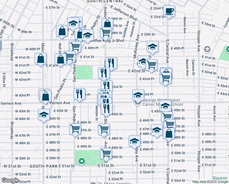 map of restaurants, bars, coffee shops, grocery stores, and more near 633 East 43rd Place in Los Angeles
