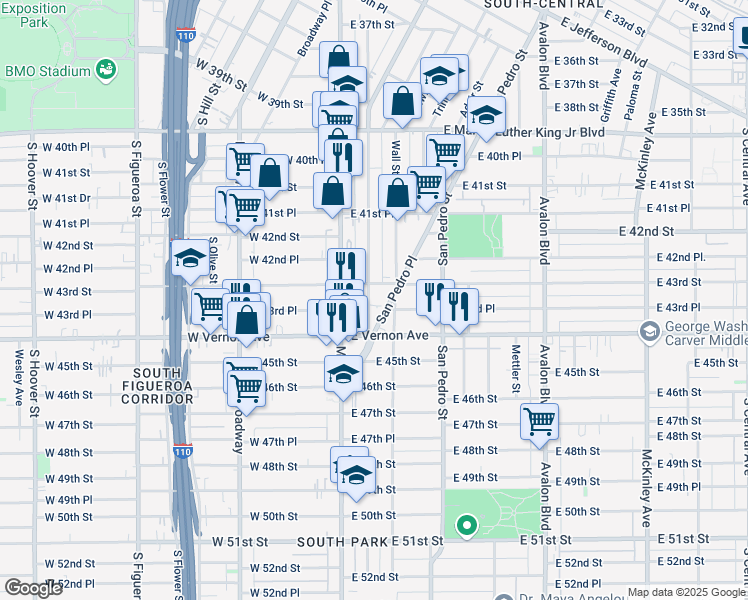 map of restaurants, bars, coffee shops, grocery stores, and more near 4319 San Pedro Place in Los Angeles