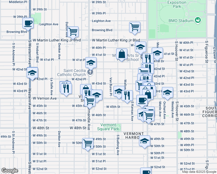 map of restaurants, bars, coffee shops, grocery stores, and more near 4317 Van Buren Place in Los Angeles