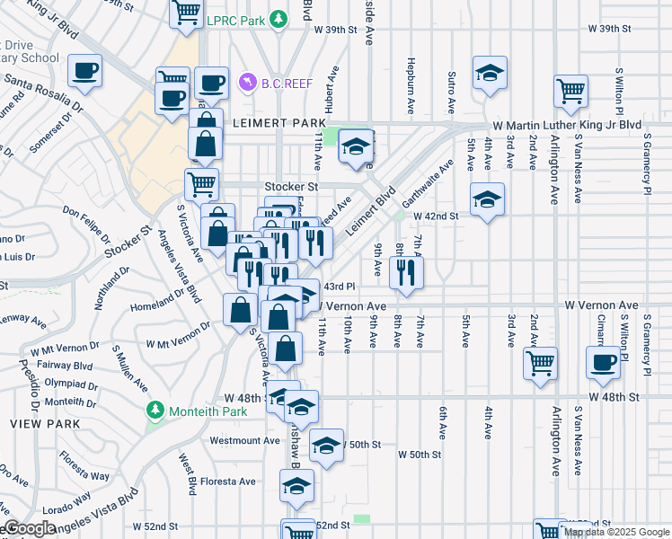 map of restaurants, bars, coffee shops, grocery stores, and more near 4350 11th Avenue in Los Angeles