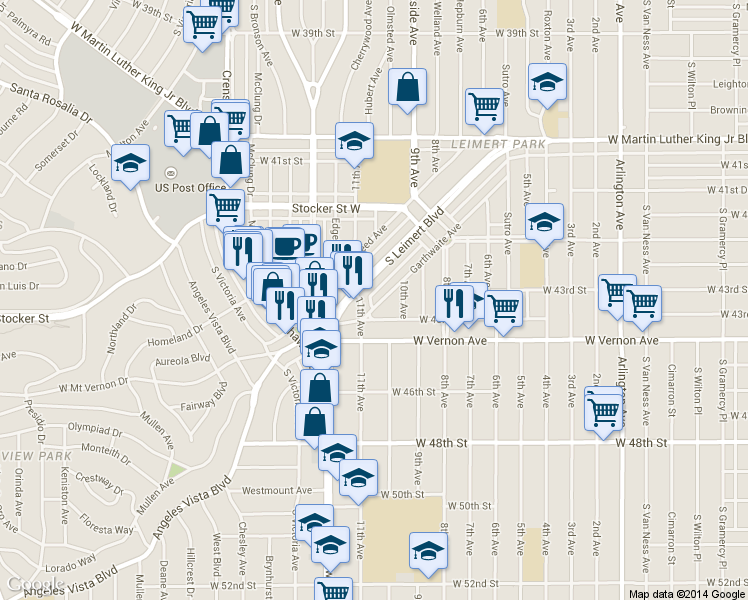 map of restaurants, bars, coffee shops, grocery stores, and more near 4350 11th Avenue in Los Angeles