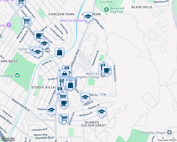 map of restaurants, bars, coffee shops, grocery stores, and more near 9000 Overland Avenue in Culver City