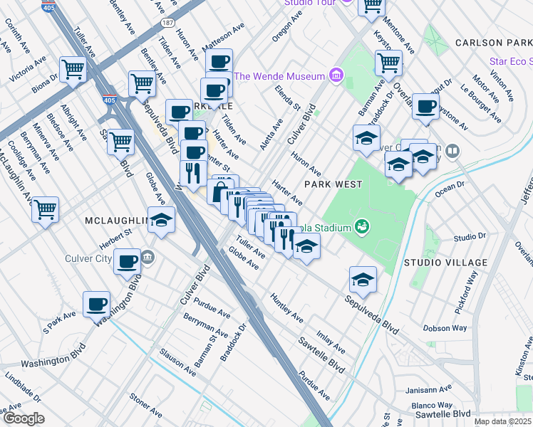 map of restaurants, bars, coffee shops, grocery stores, and more near 11166 Wagner Street in Culver City