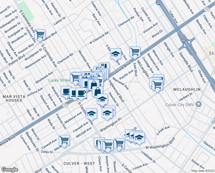 map of restaurants, bars, coffee shops, grocery stores, and more near 12103 Pacific Avenue in Los Angeles