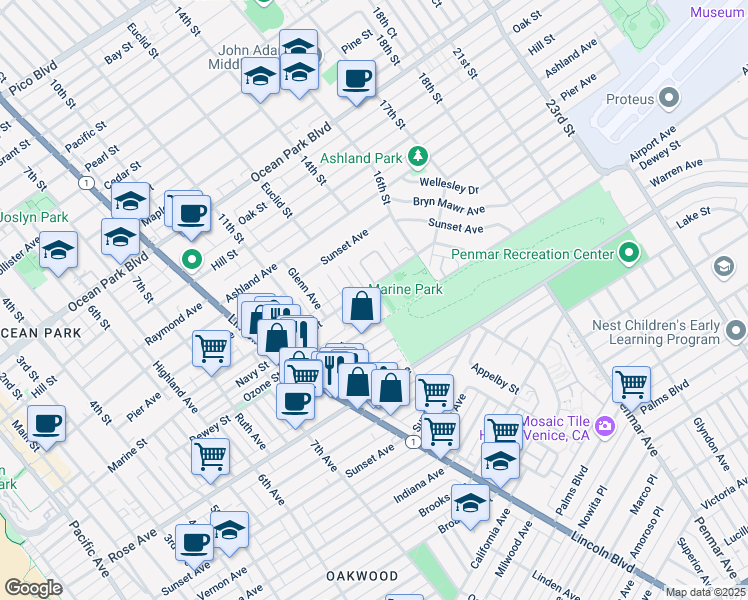 map of restaurants, bars, coffee shops, grocery stores, and more near 3117 Frederick Street in Santa Monica