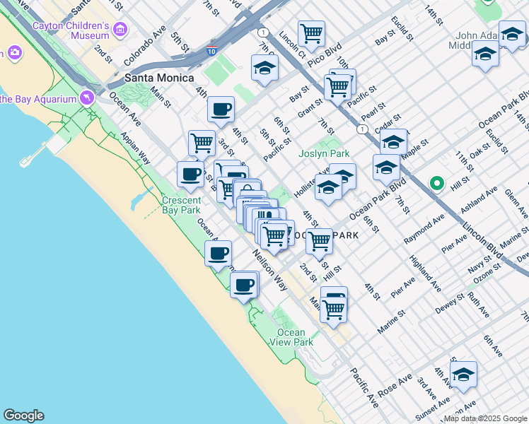 map of restaurants, bars, coffee shops, grocery stores, and more near 239 Hollister Avenue in Santa Monica